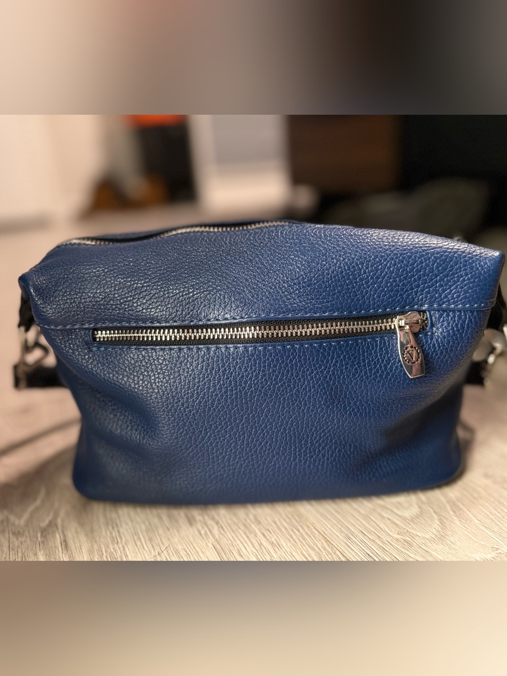 Valentina Navy Blue Pebbled Leather Crossbody with Black Strap - Picture 4 of 10